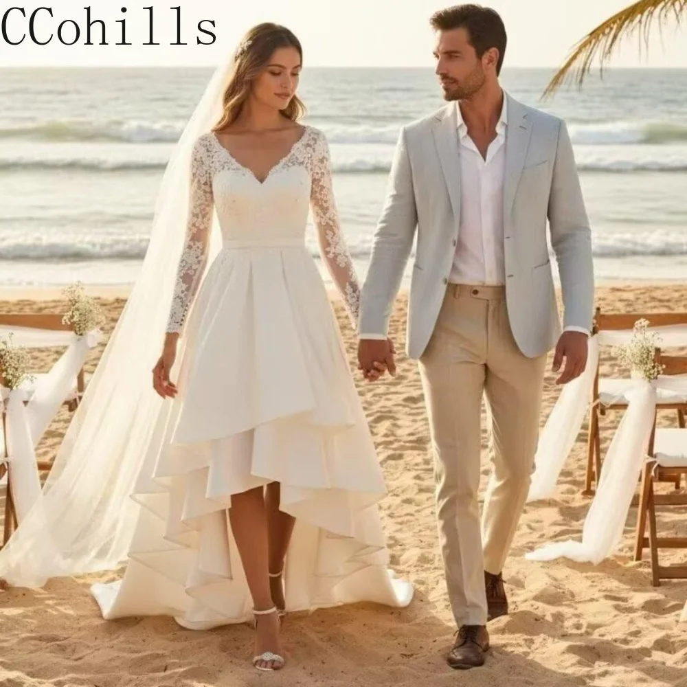 Elegant High Low Wedding Gown for Bride with Ruffles Long Sleeve Tea Length Bridal Shower Dress