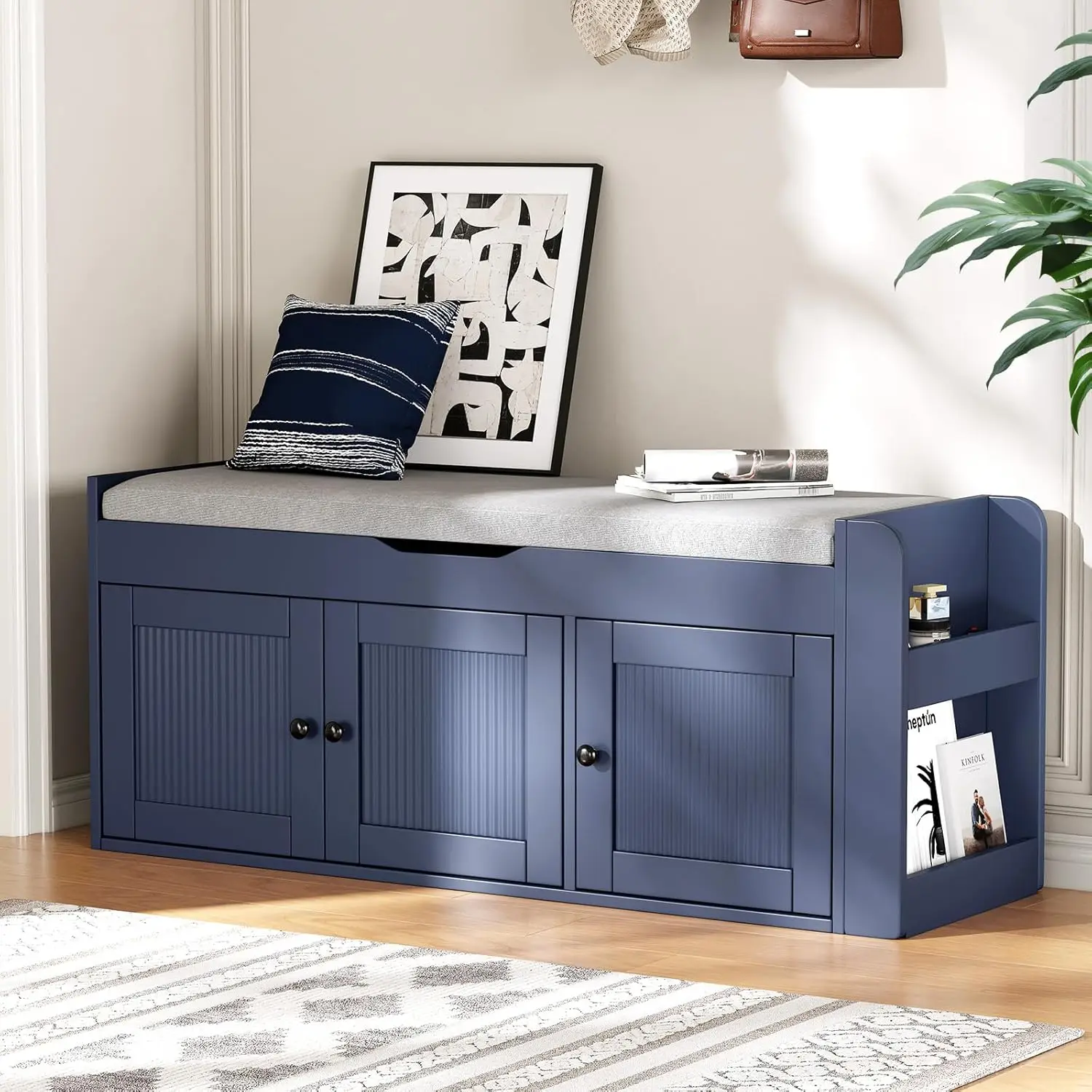 

Blue Storage Bench Entryway Shoe Organizer Side Shelves Three Doors Multifunctional Lift Top Cushion Living Room Bedroom Furnitu