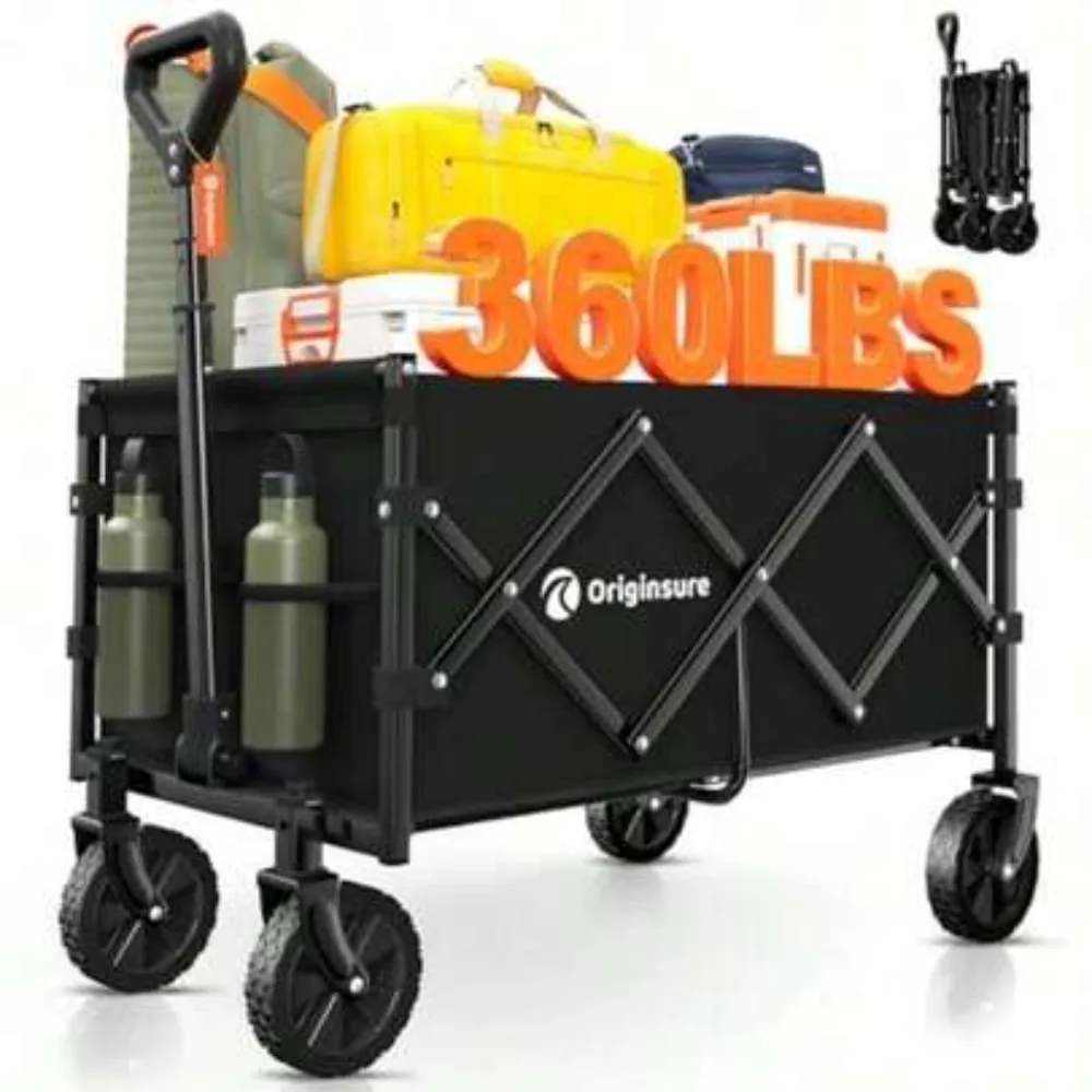 100L Collapsible Wagon Cart with 360lbs Heavy Duty Steel Frame, Folding Utility Cart with Adjustable Handle and All-Terrain Rubber Wheels, Compact Space Saving Design for Camping, Beach, Grocery, Garden, Travel and Outdoor Use, No Assembly Required