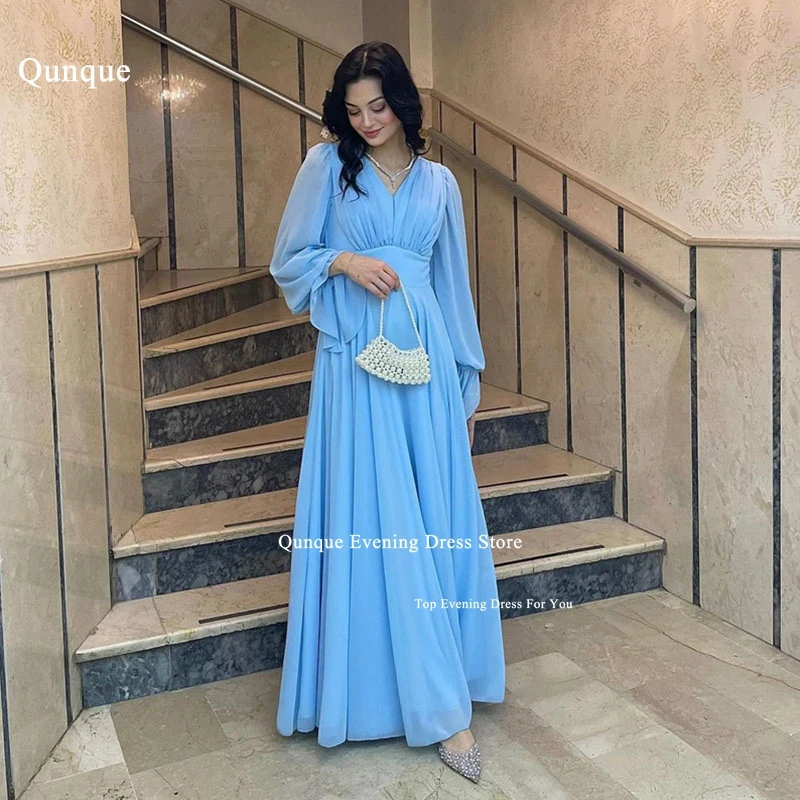 

Qunque A-line Chiffon Prom Dresses 2024 Puff Sleeves Pleat V-neck Party Evening Dresses Formal Occasion Dress Vestidos De Gala