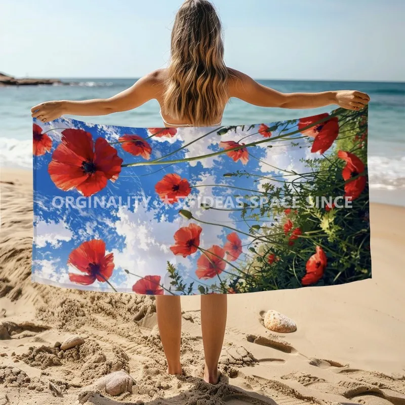 Sky & Red Poppy Floral Beach Towel Patterned Sunscreen And Windproof Suitable For Swimming Pool Camping Travel