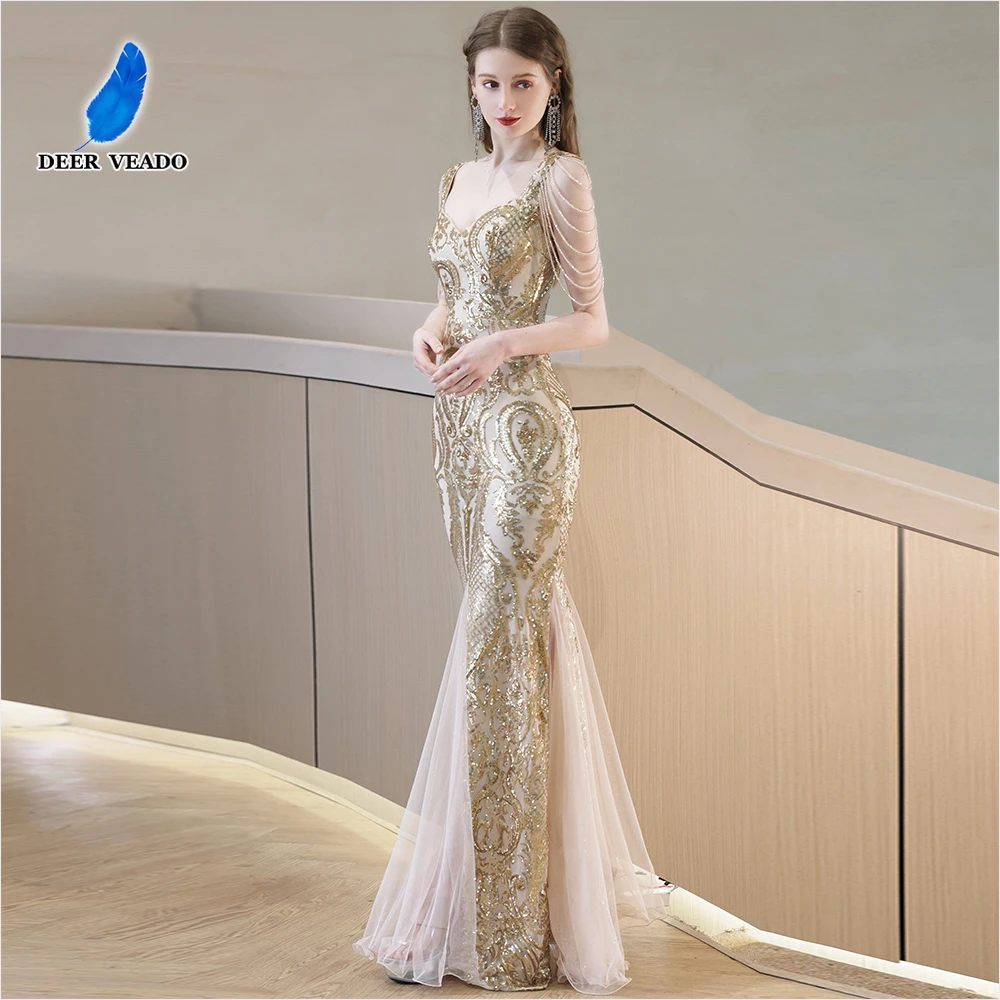 

DEERVEADO Women's Mermaid Sequins Evening Dress with Beads Elegant Wedding Party Dresses Long Formal Dress