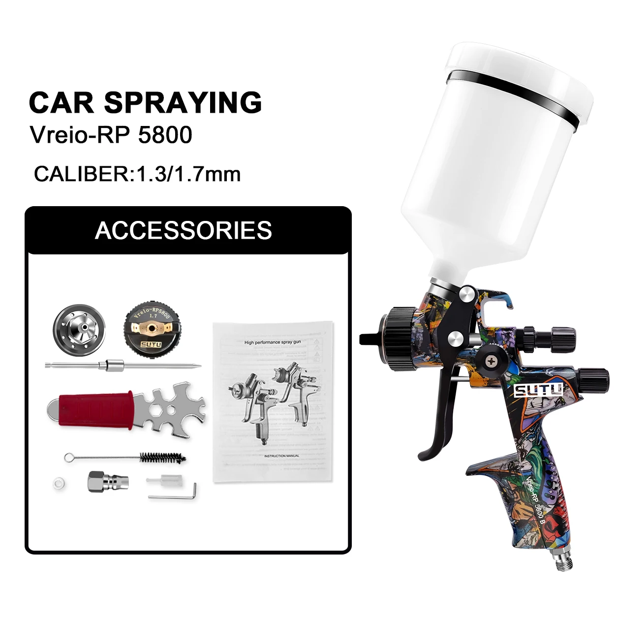 SUTU 5800 Pneumatic Spray Gun, 1.3/1.7mm Set, 600ml Pot, for Car & Furniture Painting, Uniform Atomization