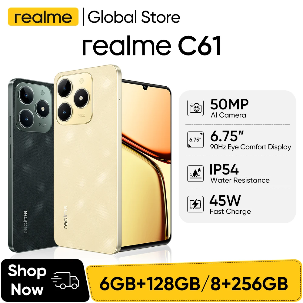 Realme C61 6.74 ''90Hz Display Android14 Smartphone 50MP AI Câmera 5000mAh IP54 À Prova D 'Água AI Motor 15W Carga SUPERVOOC