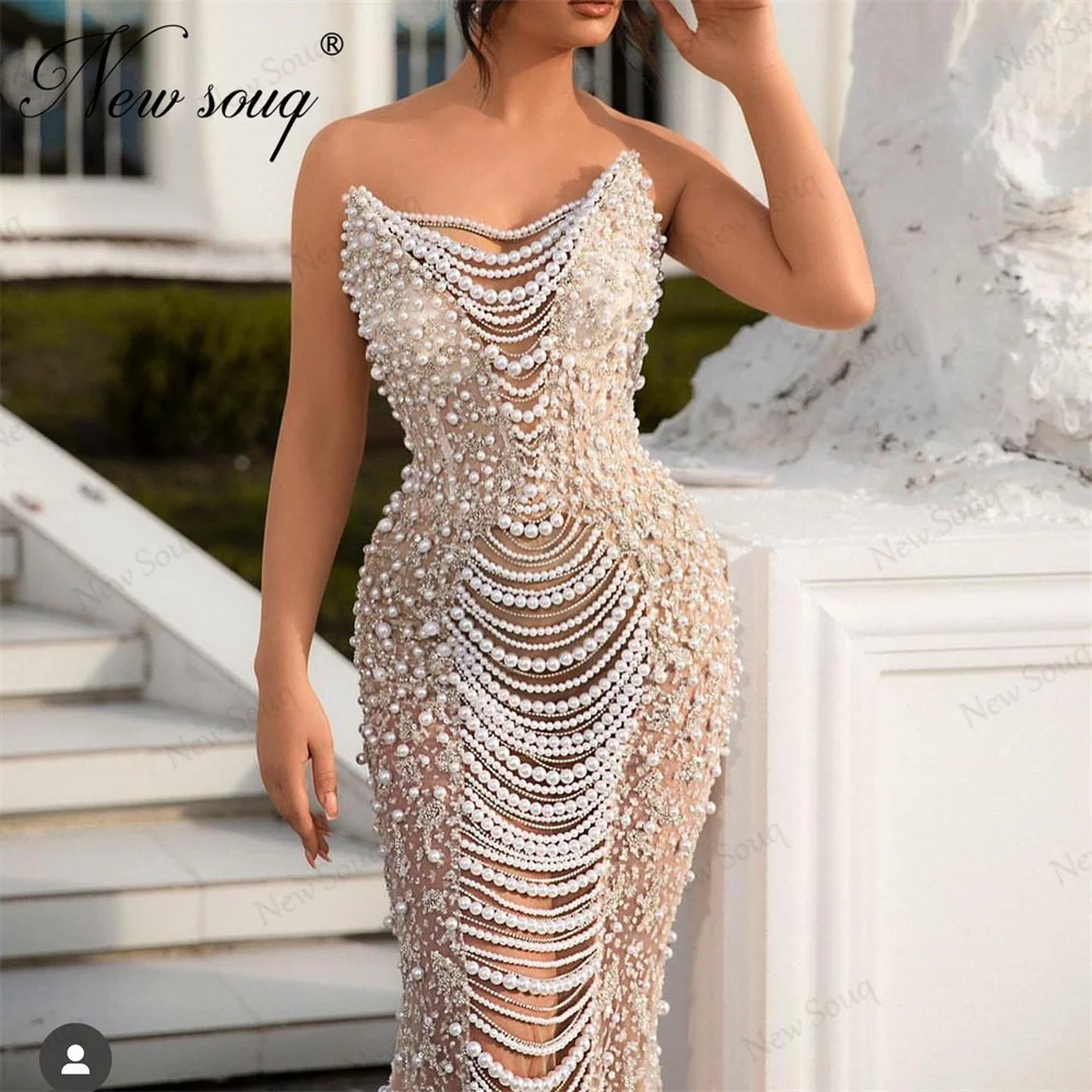 Heavy Beaded Mermaid Bride Evening Dresses Strapless Champagne Pearls Tassel Wedding Party Dress Dubai Couture Women Prom Gowns