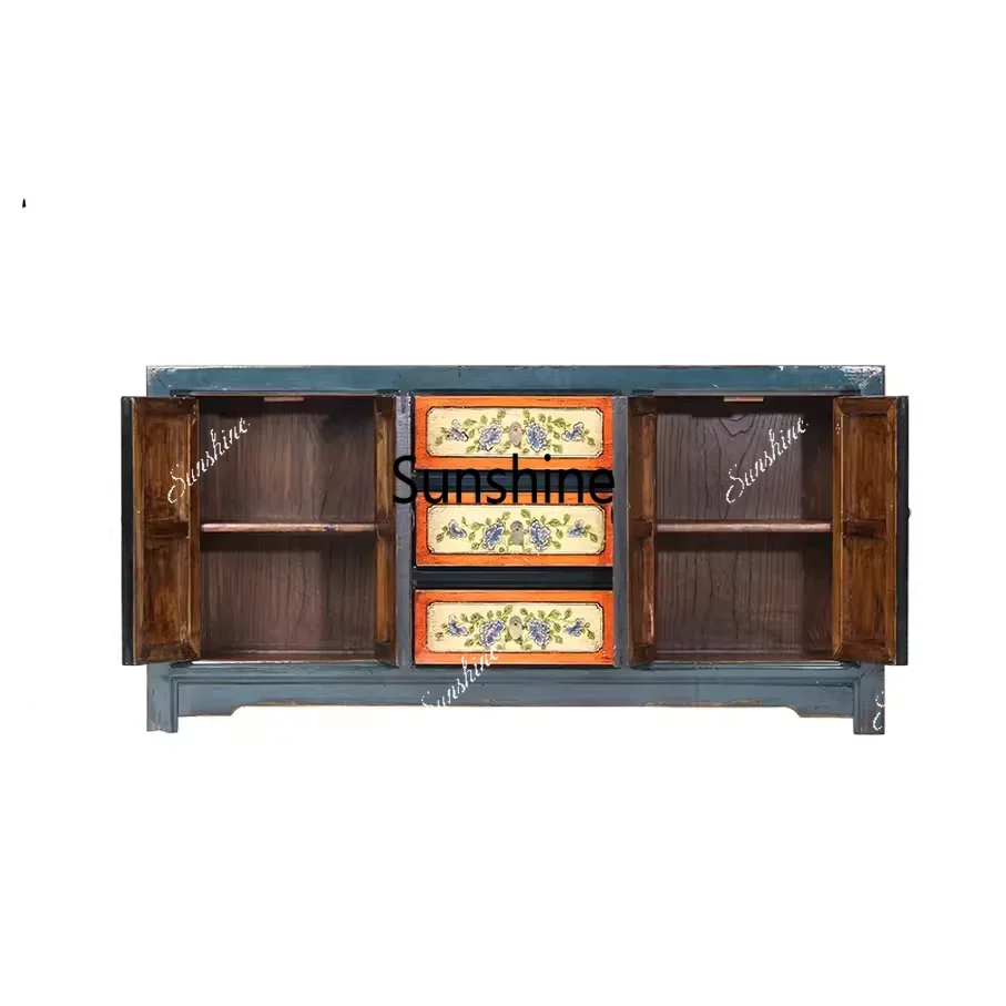 New Chinese solid wood retro dining side cabinet hand-painted classical painting cabinet, painted locker living room B & B
