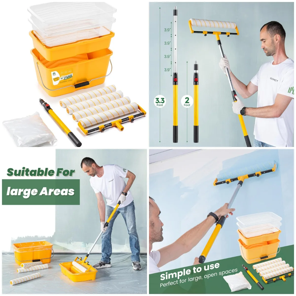 

Набор малярных валиков 18 футов, 13 шт., с ведром, лотком и стойкой длиной 3,3 фута, идеально подходит для больших зон