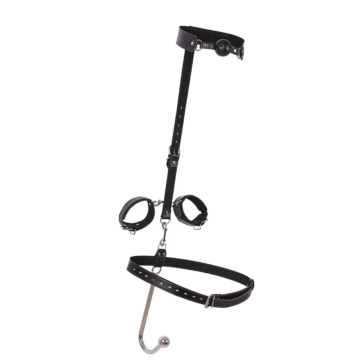 Leather BDSM Anal Hook Set with Metal Hook Restraint Belt Mouth Plug Handcuffs Adult Sex Toys for Position Assistance