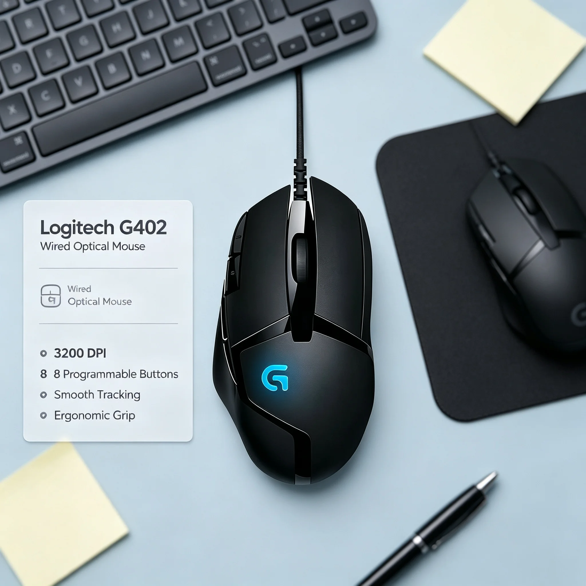 Logitech G402 Hyperion Fury Wired Mouse Ergonomic Right‑Hand Grip RGB Gaming Mice For CS2 Valorant LOL Windows PC Laptop Gamer