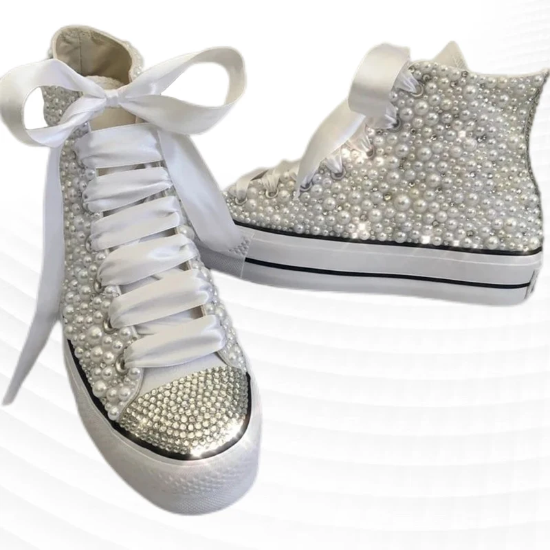 Thick white pearl rhinestones wedding party party canvas shoes handmade custom large size high top women\'s casual sneakers 35-40