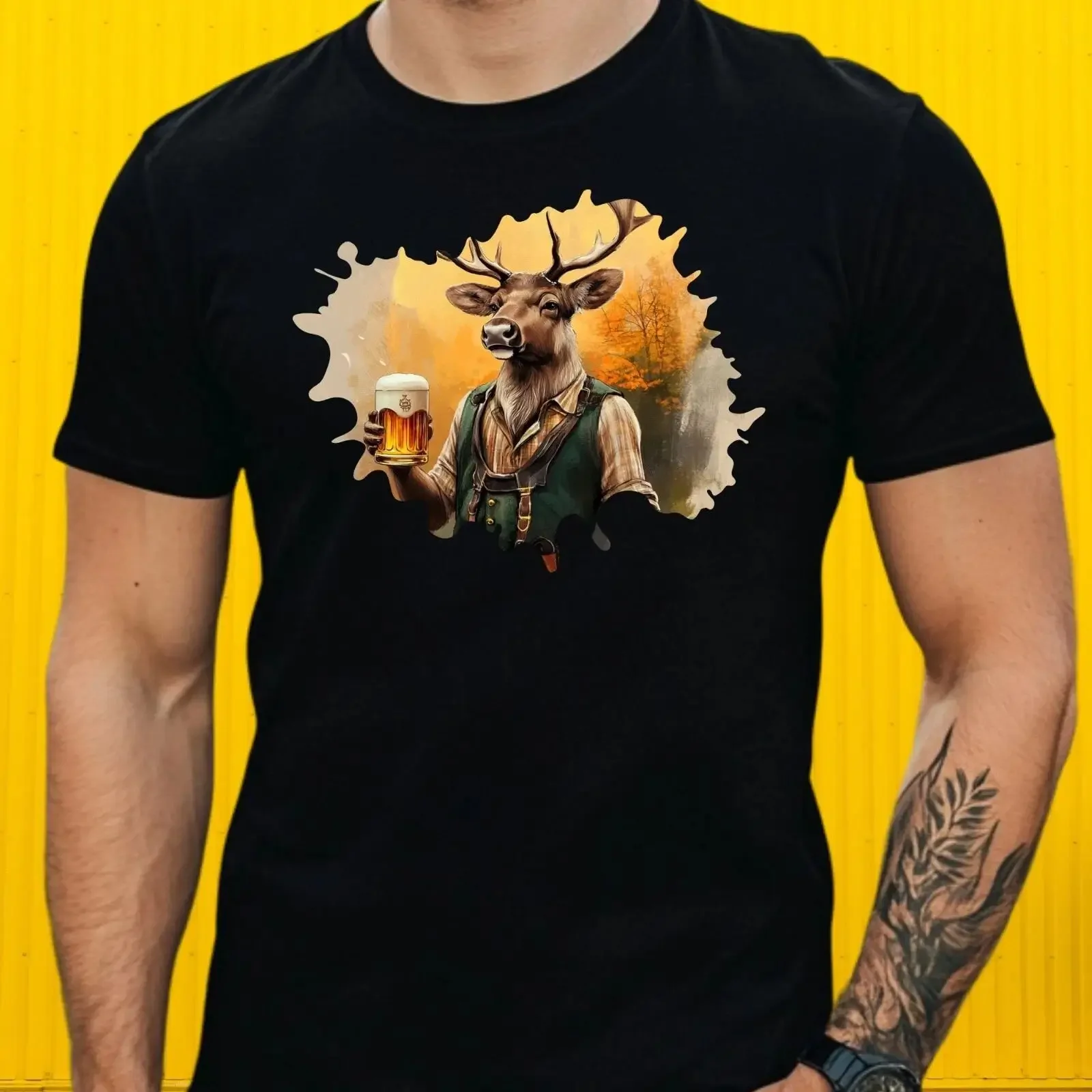 T-shirt homme en coton avec motif renne et bière, style Lederhosen, taille XS à 5XL, vintage, délavé, pour un usage quotidien, graphique