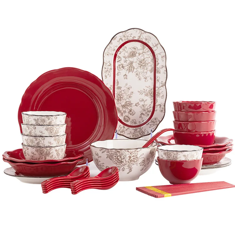 

PYH new dish set rice bowl dowry wedding household high yan red ceramic tableware housewarming new home gift