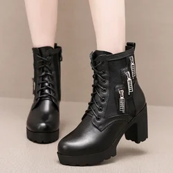 6 8 10cm Small Size 32-43 British Block High Heels Boots Genuine Leather Shoes 2024 Winter Thick Platform Ankle Boots Office Mom