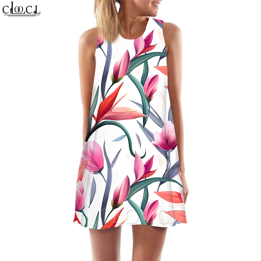 

CLOOCL New Fashion Women Tank Dress Pink Tulips Pattern 3D Printed Loose Waist Sleeveless Summer Dress Beach Style