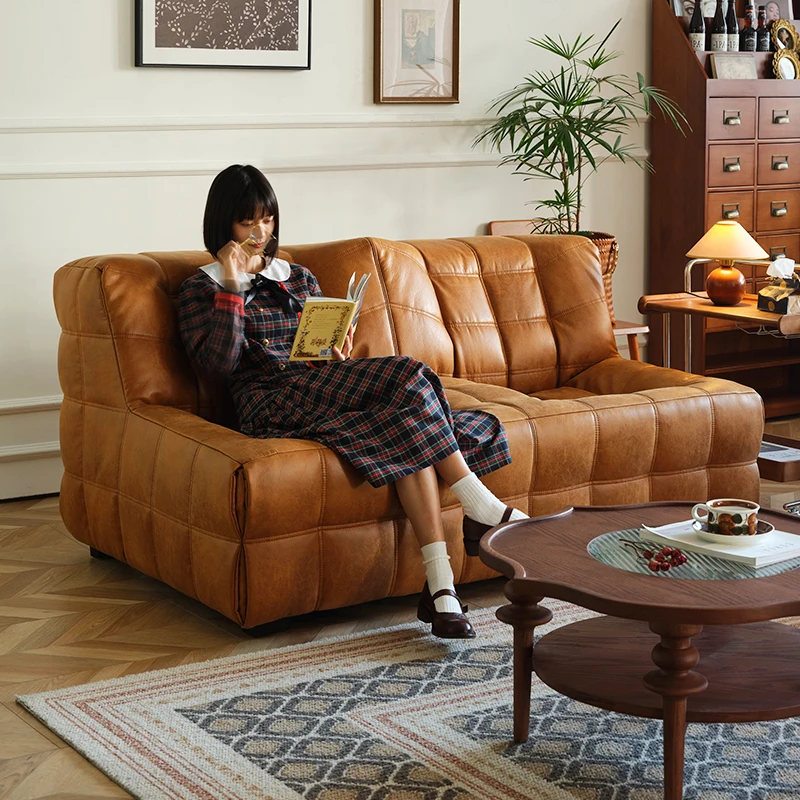 Medieval leather retro living room oil wax leather waffle small apartment square simple three-person lazy sofa chair