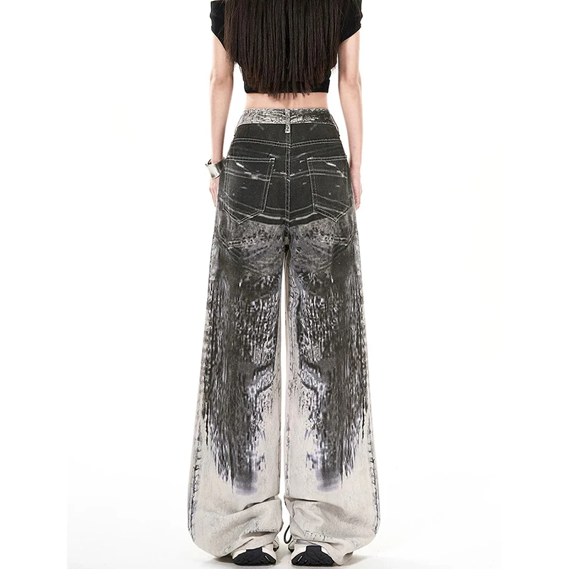 Y2K Jeans a gamba larga stampati da donna retrò Pantaloni larghi estivi a vita alta stile street americano con design dimagrante a gamba dritta