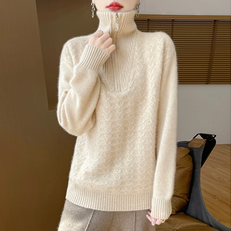 Women's Fashion Woolen Sweater Autumn/Winter New High Collar Half Zipper Hoodie Warm Collar Solid Color Loose Knitted Jumper Top