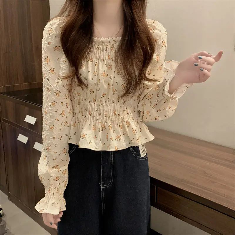 New One Word Collar Off Shoulder Fragmented Chiffon Shirt for Women with a Small Design Sense Short Style Unique Top Trendy