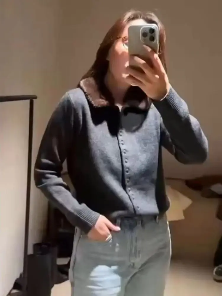 

HH Женская мода Универсальный вязаный жакет с лацканами из искусственного меха Женский уличный повседневный однобортный свитер Mujer