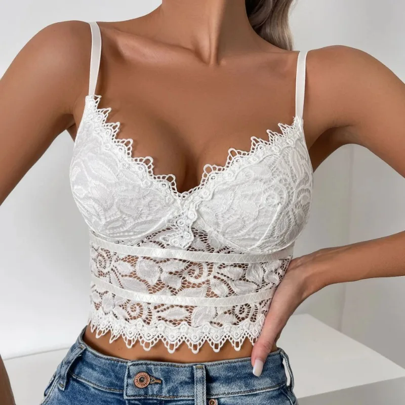 

Floral Lace Push Up Cami Coeset Contrast Mesh Hollow Out Crop Top Bra Women's Lingerie Underwear Y2k Tops Women Clothing