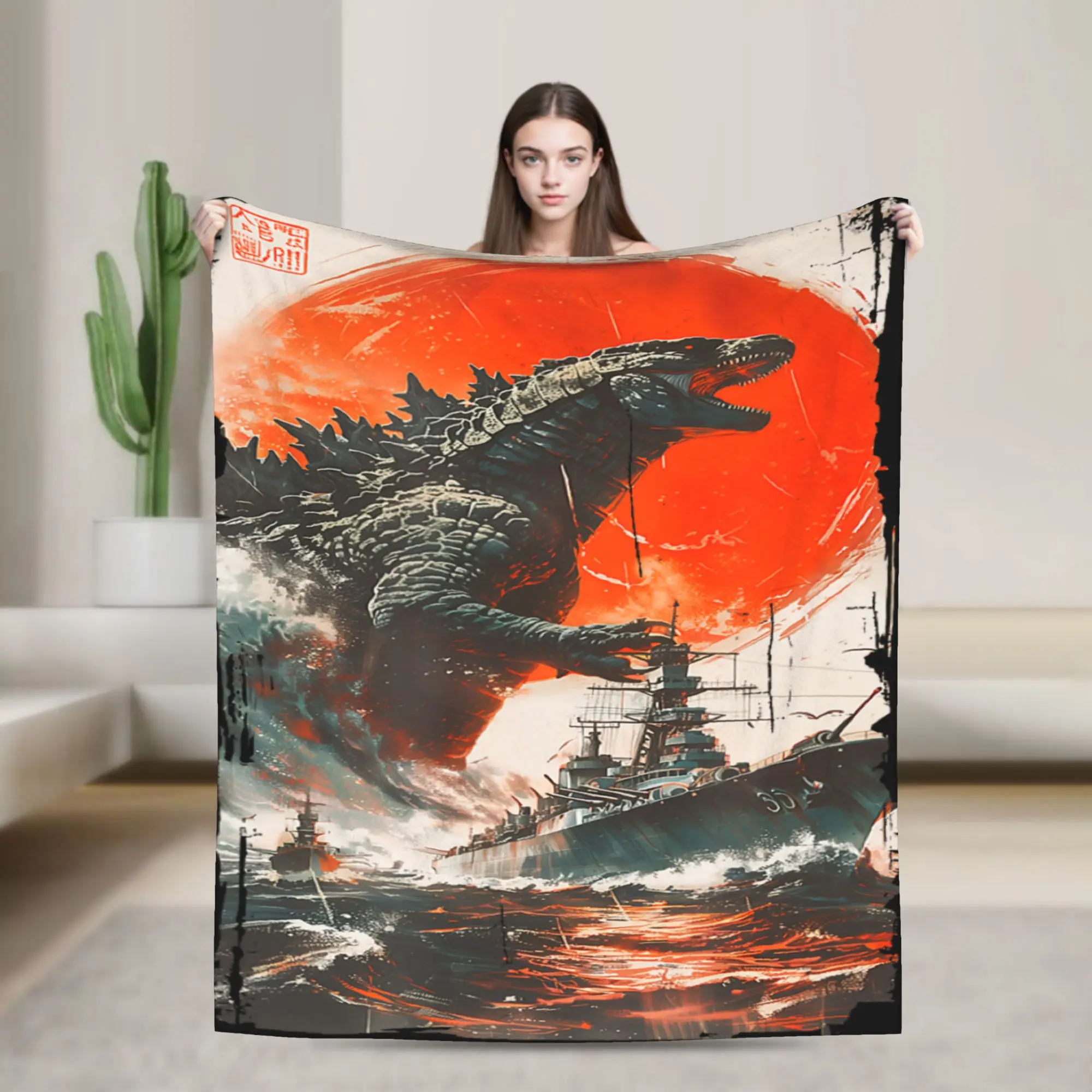 Super Warm Blanket Camping Japanese Godzilla Bedding Throws  Flannel Bedspread For Couch Chair Sofa Bed Aesthetic Sofa Bed Cover