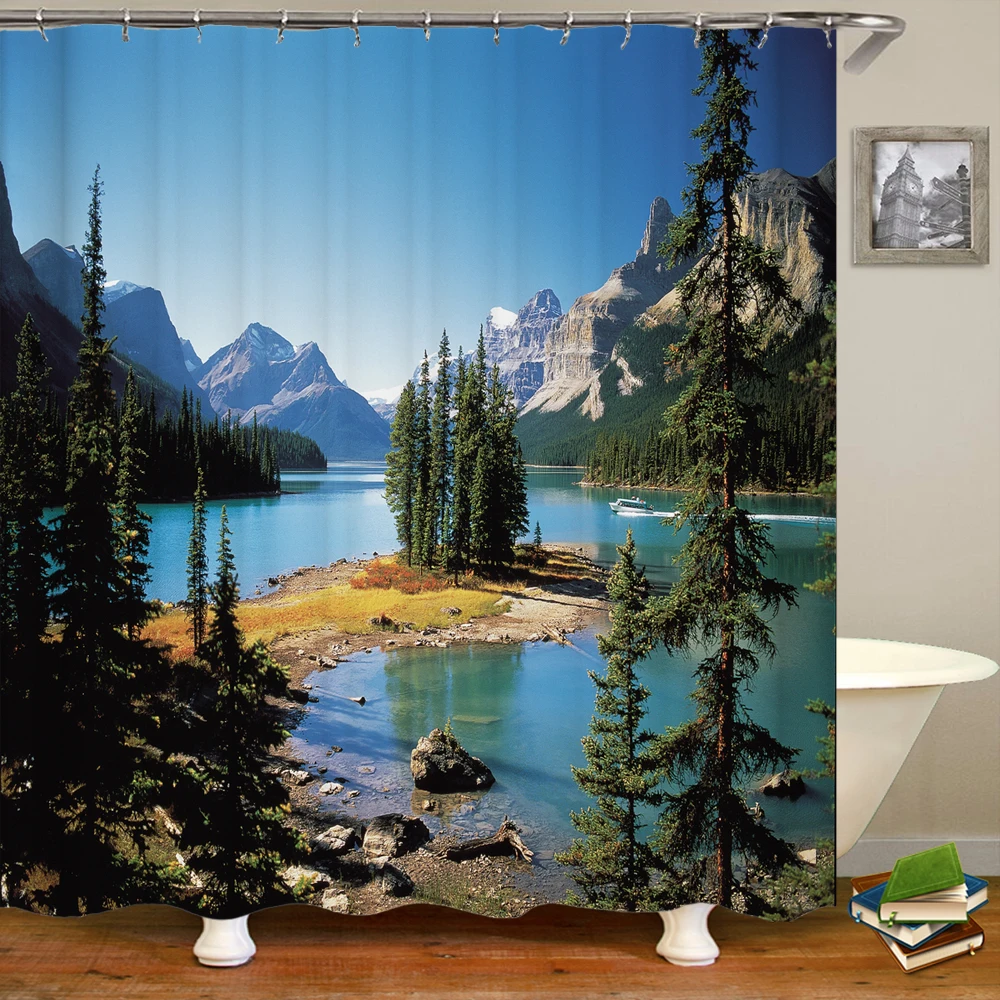 

Nature Wilderness Scenery Shower Curtain Sunrise Mountain Lake View Forest Nature View Bathroom with Hooks Bath Curtains Decor