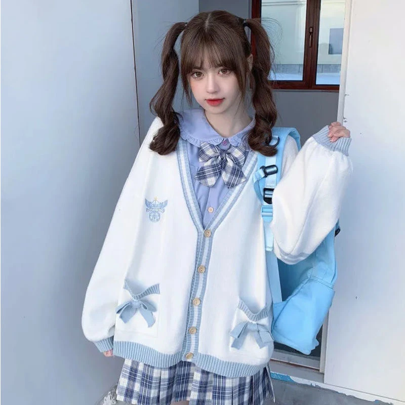 Knitted Cardigan Sweet Girl Sweater Lazy Academy Style Loose Sleeve Harajuku Girl JK Uniform Kawaii Bow Decoration Cardigan Coat