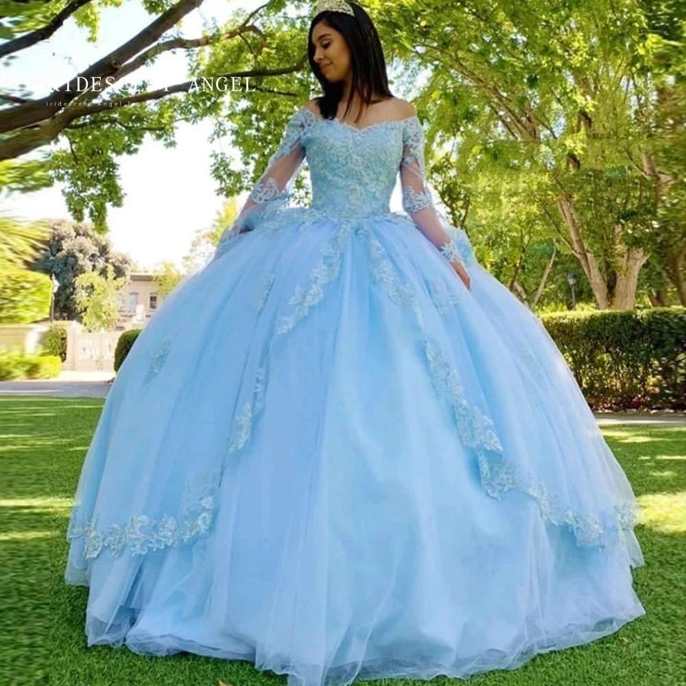 

IRIDESCENT Sky Blue Ball Gown Tulle Long Sleeves Appliques Quinceanera Dresses Crystals Princess Vestidos De 15 Años Customize