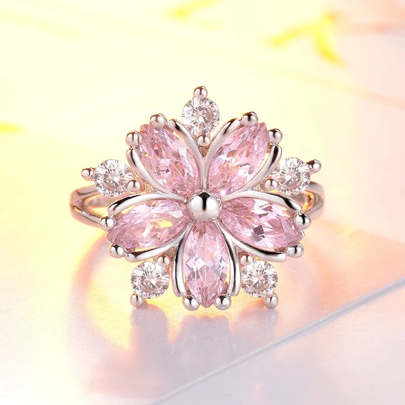 New Elegant Fashion Sakura Princess Engagement Rings Bridal Jewelry Romantic Sakura Zircon Ladies Rings Party Gifts Pink Rings