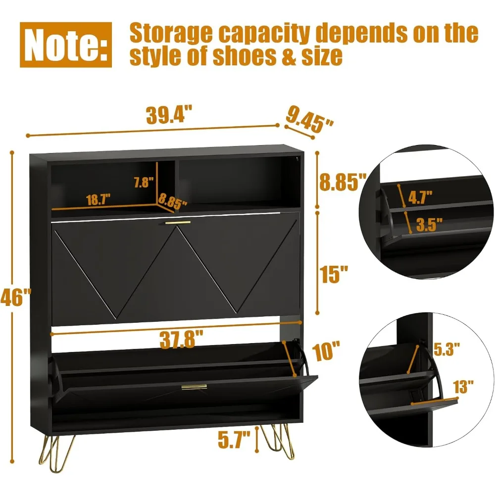 46 inch narrow shoe cabinet with 2 flip drawers and open shelves, concealed wide independent shoe rack in hallway, 2-piece set