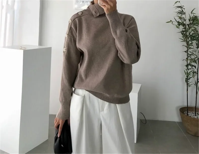 Pull à col roulé coréen à manches longues pour femmes, pulls chauds basiques avec boutons, hiver 2023