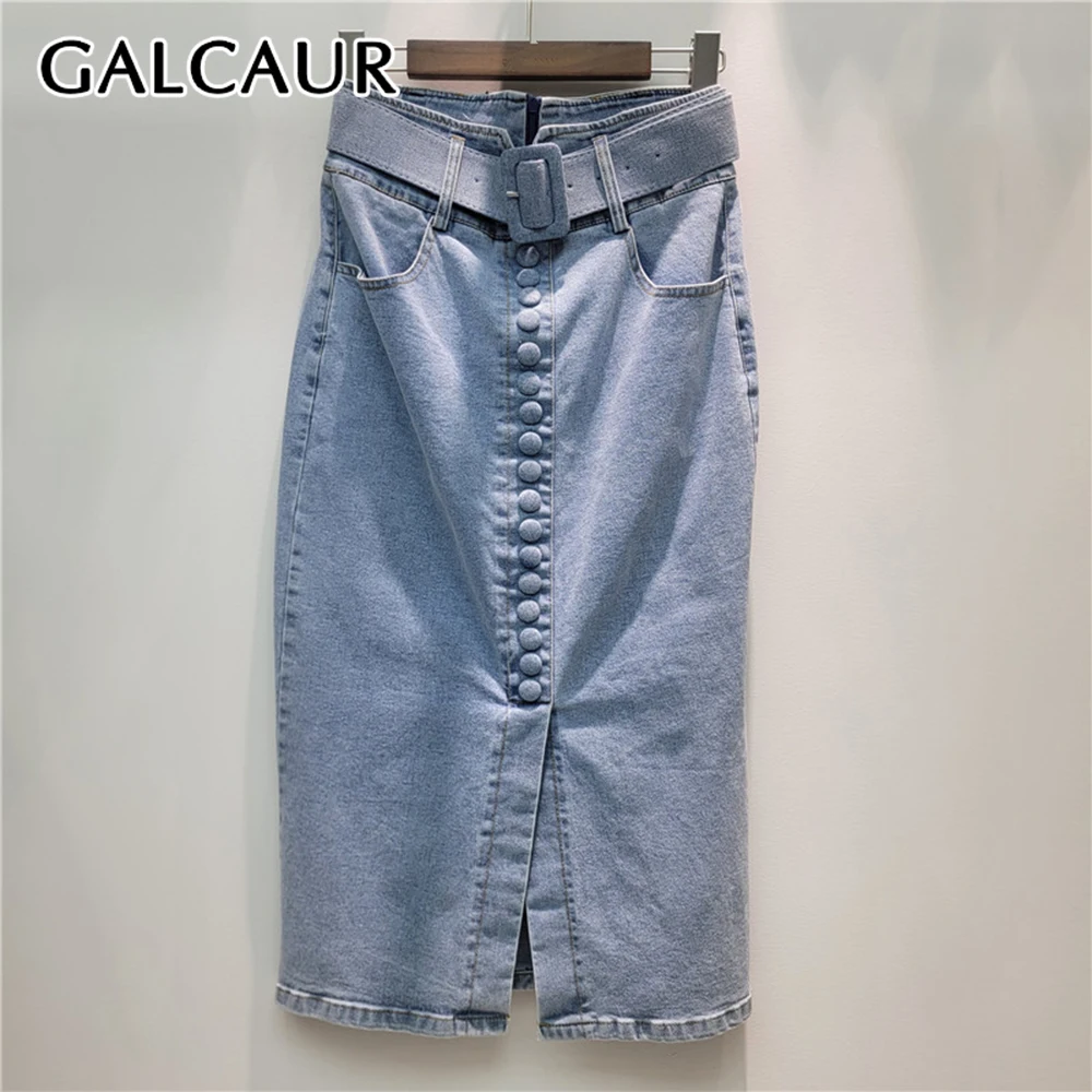 GALCAUR Solid Slimming Spliced Single Buttons Skirt for Women High Waist Patchwork Pockets Midi Skirts Female Fashion New Style