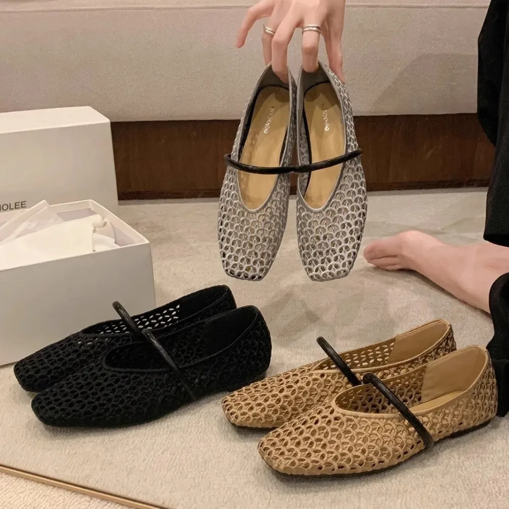 2026 Square Head Hollow Woven Casual Comfortable Women's Flat Shoes Cut-out Mary Jane Single-layer Shoes Fishnet Shoes