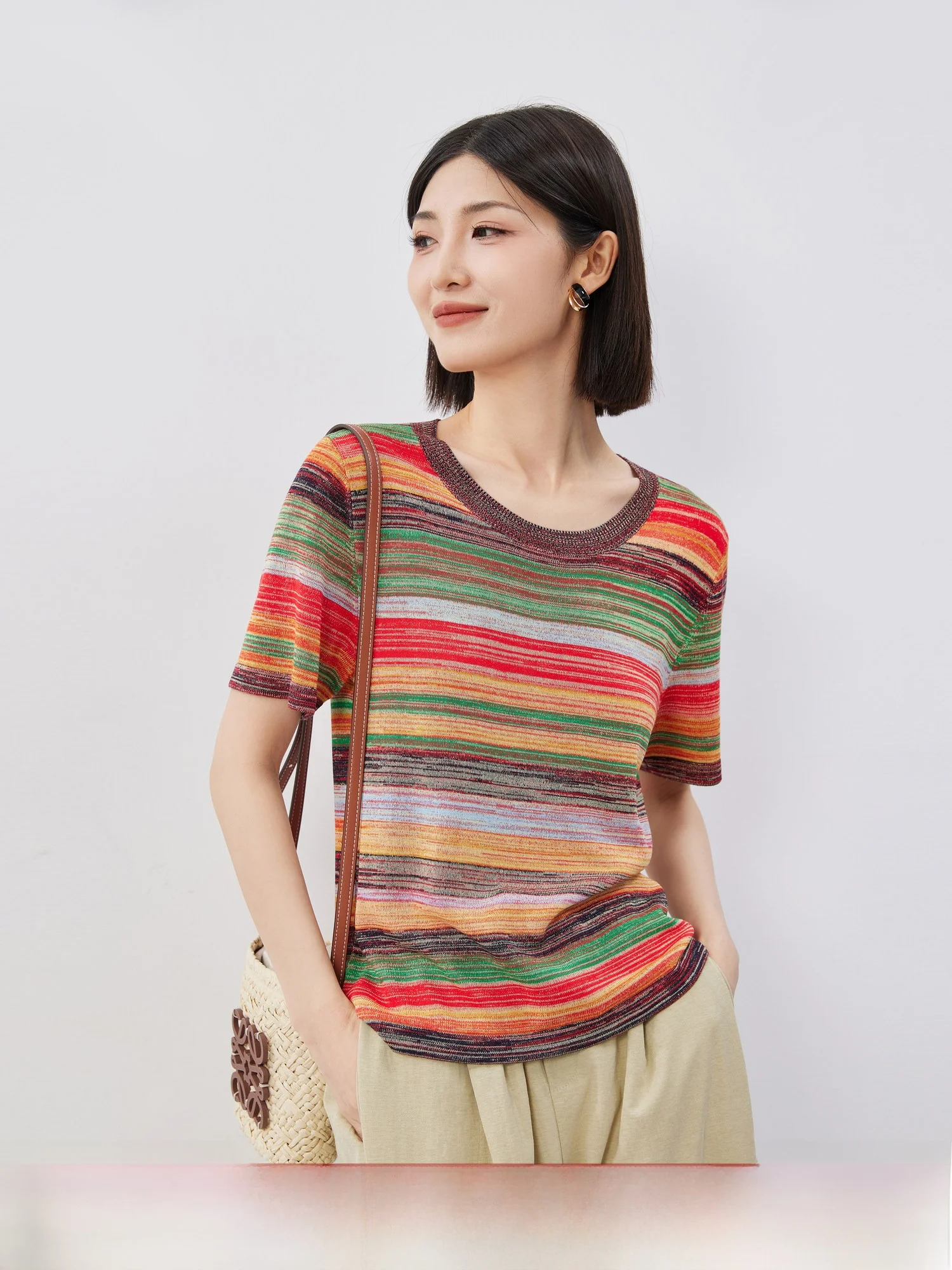 

Женский трикотажный топ MIJOR с круглым вырезом и цветными полосками, привлекающий внимание, с коротким рукавом, летний модный топ