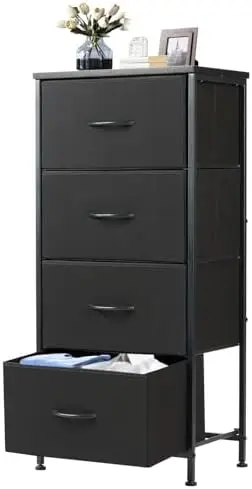 

Прикроватная тумбочка DUMOS с 4 ящиками, тканевыми корзинами и стальным каркасом – прикроватный столик с деревянной столешницей для спальни или гостиной