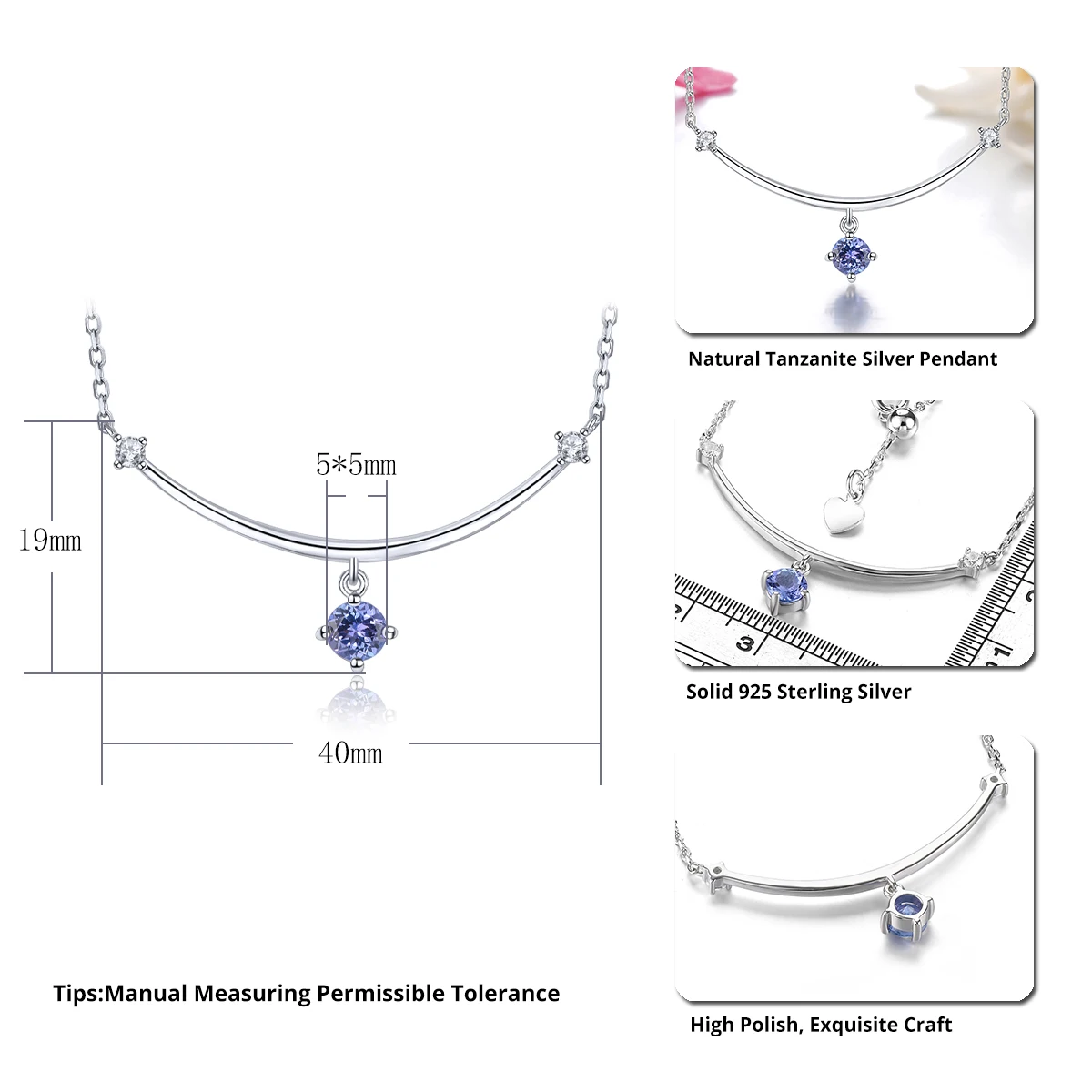 Natural Tanzanite Solid Sterling Silver Pendants 0.52 Carats Genuine Smile Necklace Simple Elegant Fine Jewelry Design S925