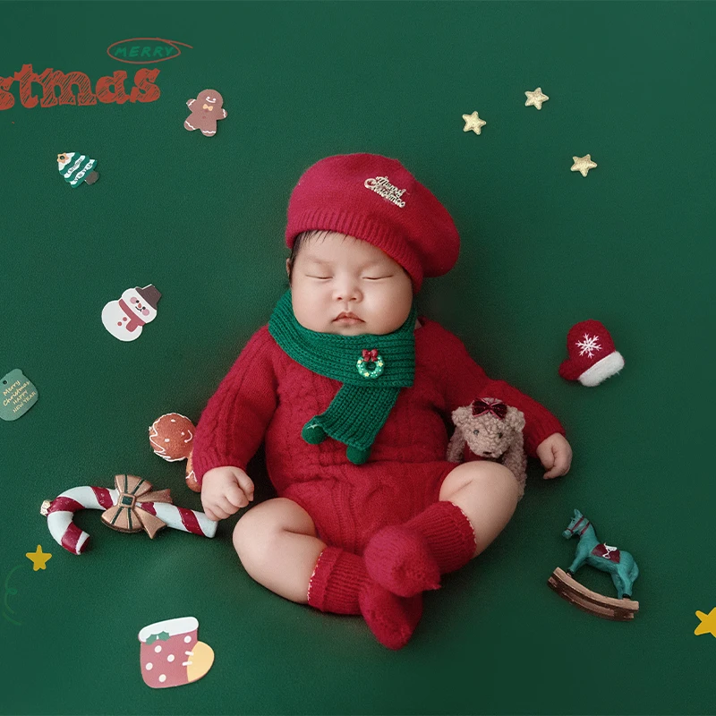 جديد عيد الميلاد الوليد التصوير الزي الطفل الدافئة الأحمر محبوك رومبير + قبعة/بوم بوم بوم + وشاح أخضر احتفالي حفلة أزياء الطفل