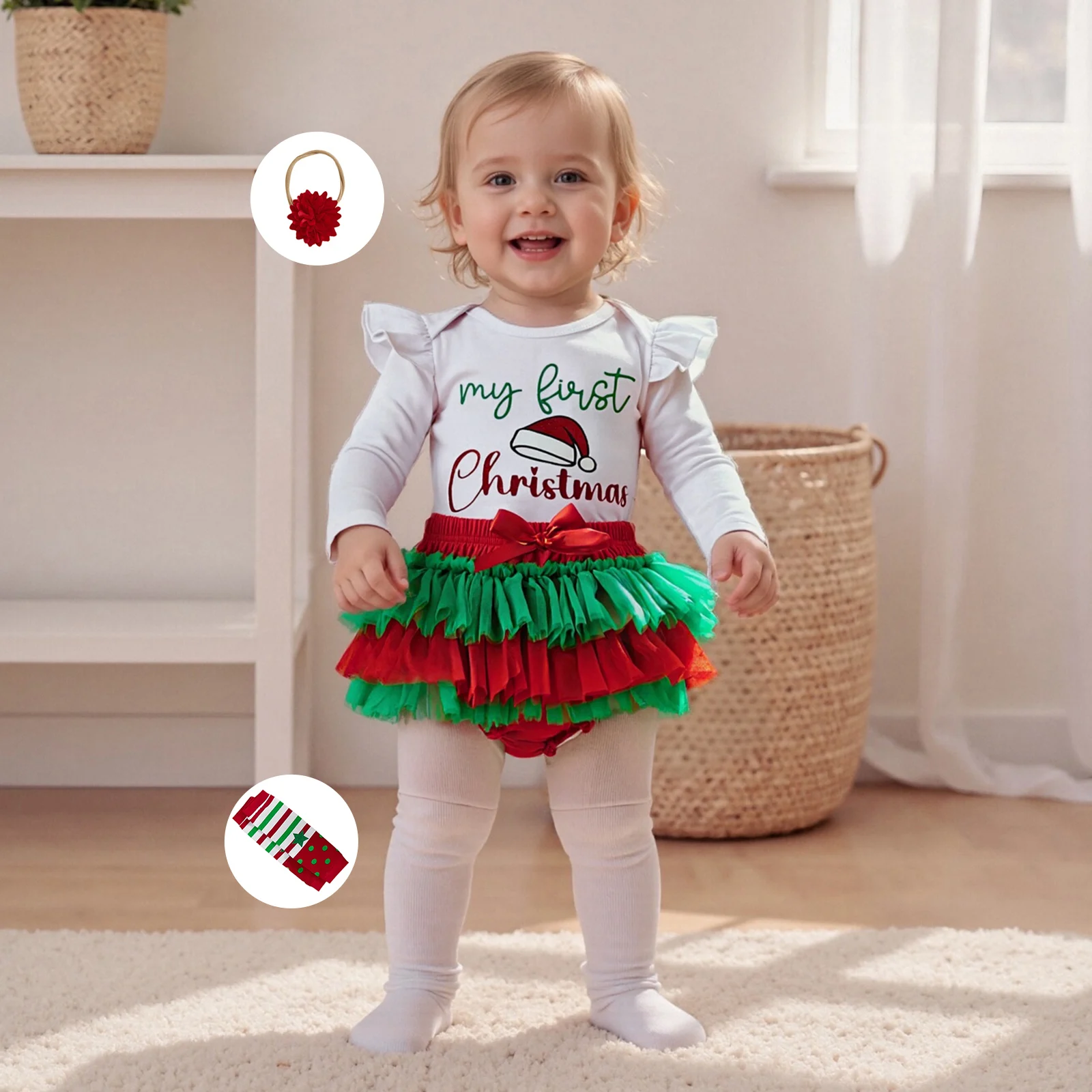 طفلة عيد الميلاد 4 قطع الزي، طويلة الأكمام طاقم الرقبة خطابات طباعة رومبير مع الطبقات شبكة السراويل عقال تدفئة الساق #2