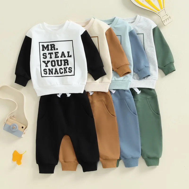 RUEWEY Little Boy Pants Set Spring Autumn Clothes Letter Long Sleeve Contrast Color Sweatshirt Drawstring Pocket Long Pants