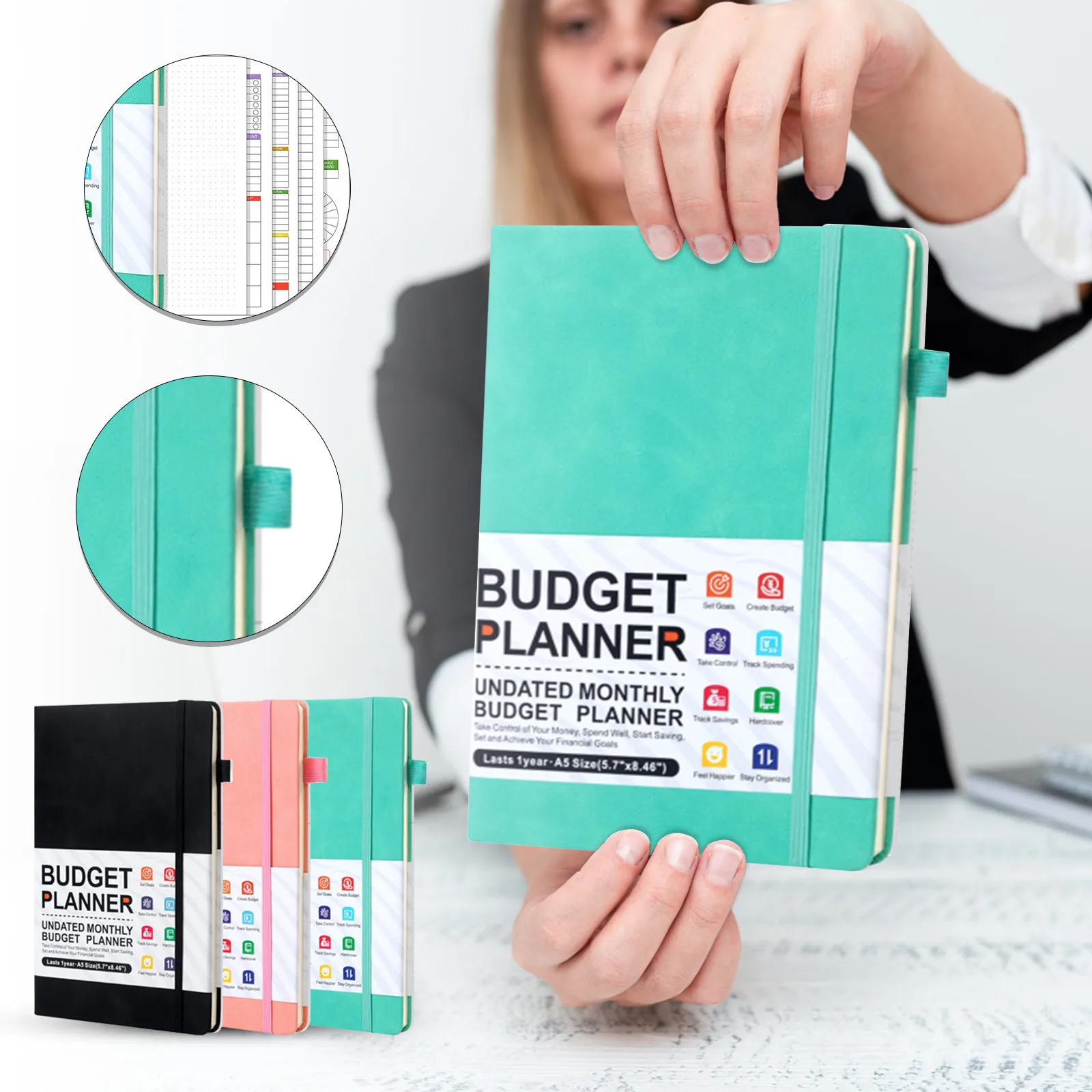 Planificateur de budget mensuel non daté, suivi des dépenses, format A5, cahier avec bande élastique et onglets pour la gestion des finances personnelles