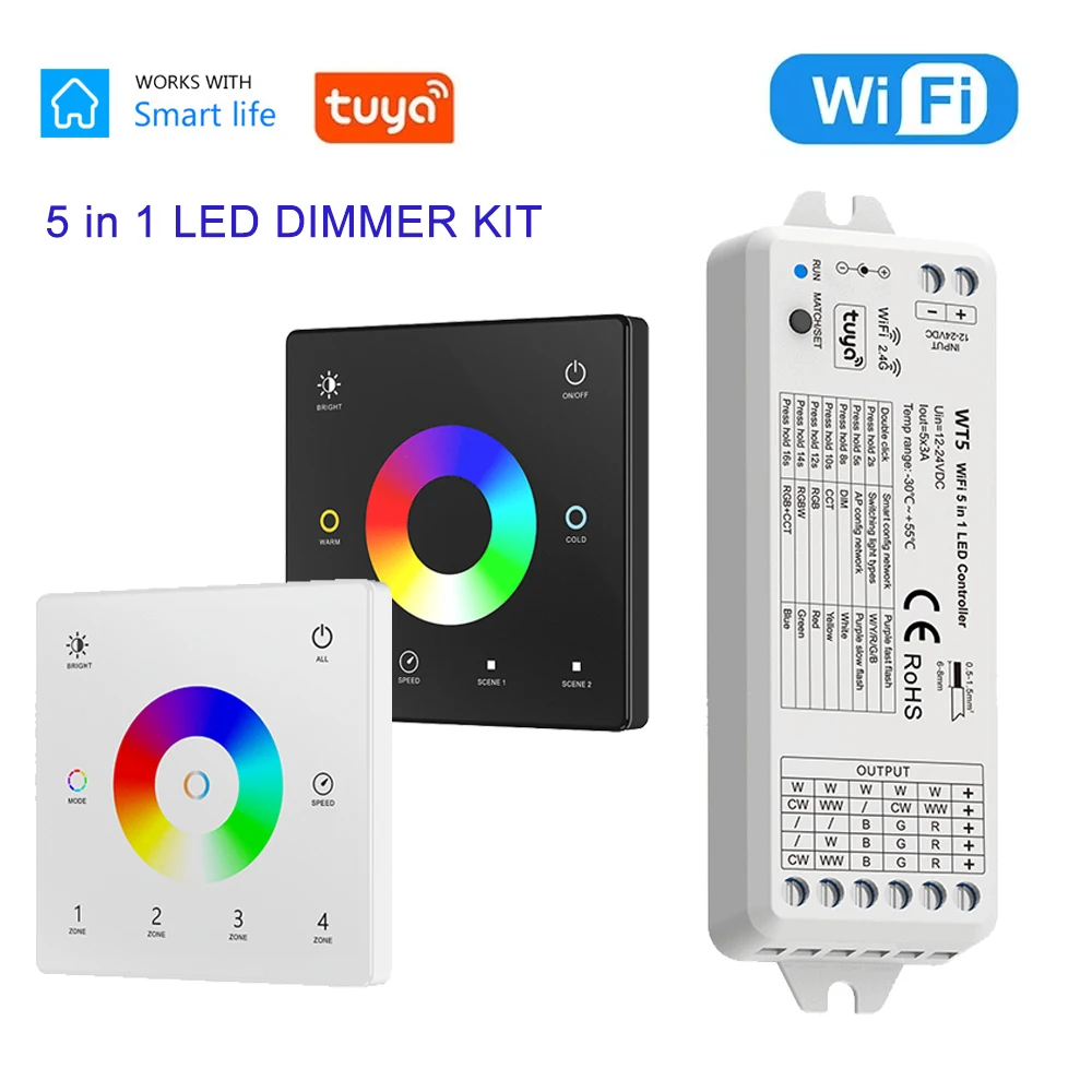 TUYA WiFi RF 5 In 1 controllo 2.4G pannello tattile a parete In vetro RGB RGBW RGBCCT KIT Controller Dimmer LED 5CH 12V 24V Dimmer