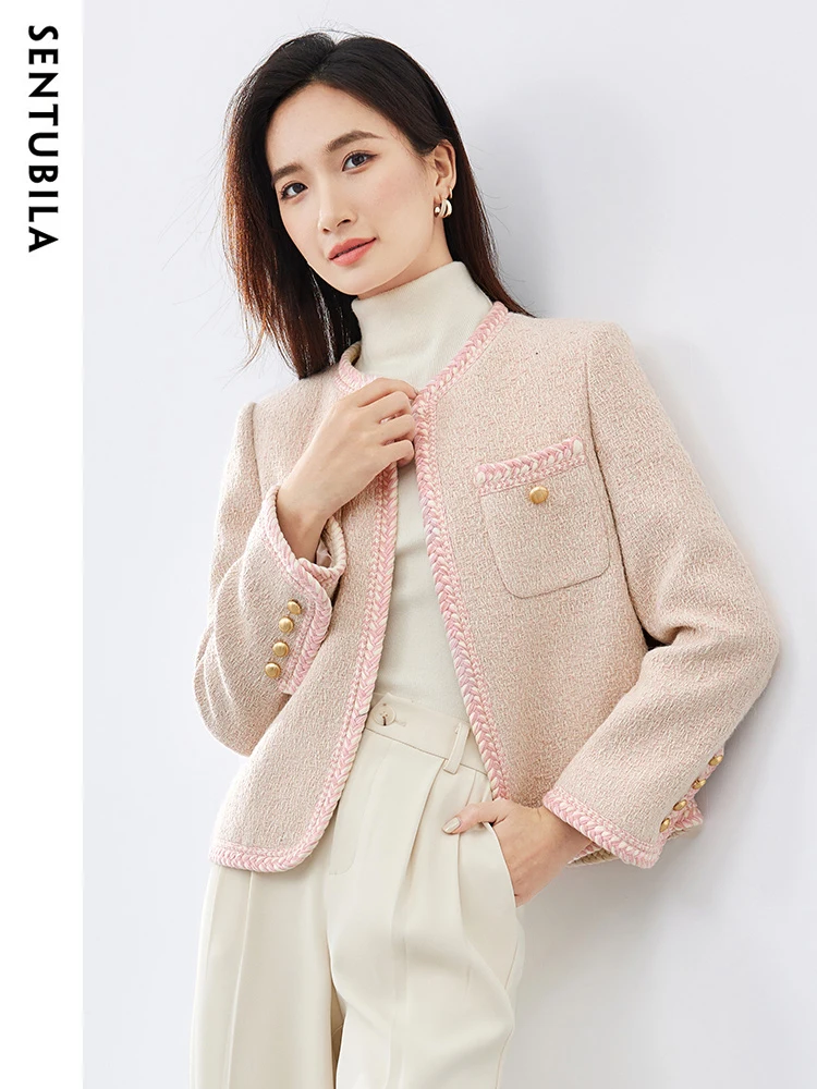 

SENTUBILA Short Coat for Women Autumn Winter Luxury New Elegant Round Neck Crop Jacket Female Cardigan Tops Clothing 134W51811