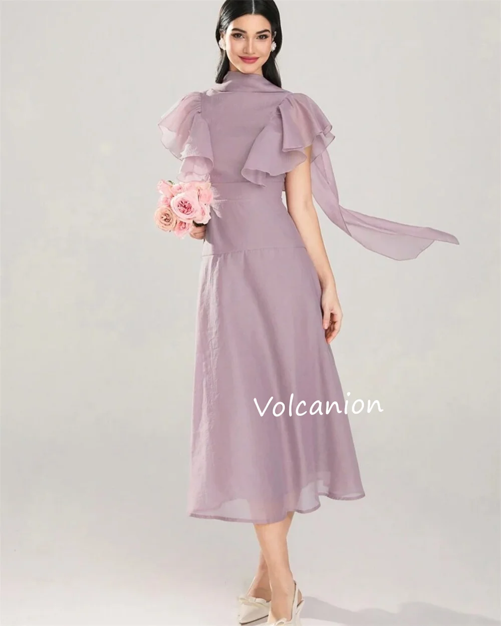 カスタマイズされたシフォンフリル A ラインハイカラーミディド​​レスオーダーメイドオケージョンプロムパーティーシンプルエレガント品質