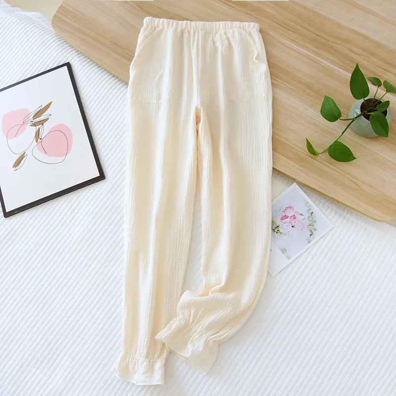 Summer Pajama Pants Womens 100% Cotton Gauze Loose Sleep Bottoms Elastic Waist Solid Lounge Pants Loose Sleepwear Home Wear