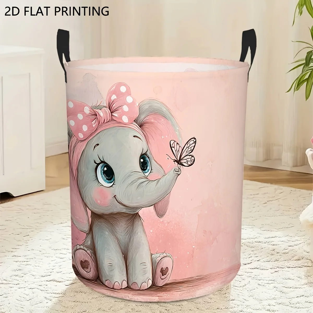 Laundry Basket with Dirty Clothes And a Pink Butterfly-Elephant Pattern, a Foldable Multifunctional Storage Box