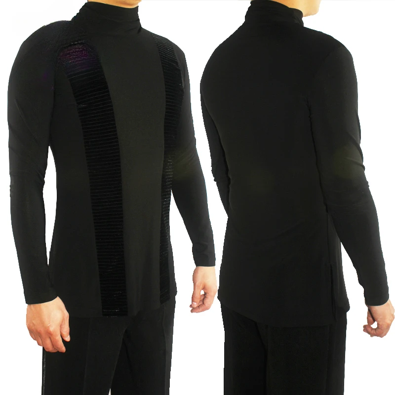 Black Long Sleeve high quality stretch Shirt New Men Ballroom Competitive Shirts Customized Fantasia Latin Dance Tops