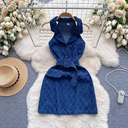 Summer Women Plaid Denim Dress Vintage Style Sleeveless Temperament Single Breasted Slim Short A-line Jeans Dress Sundress