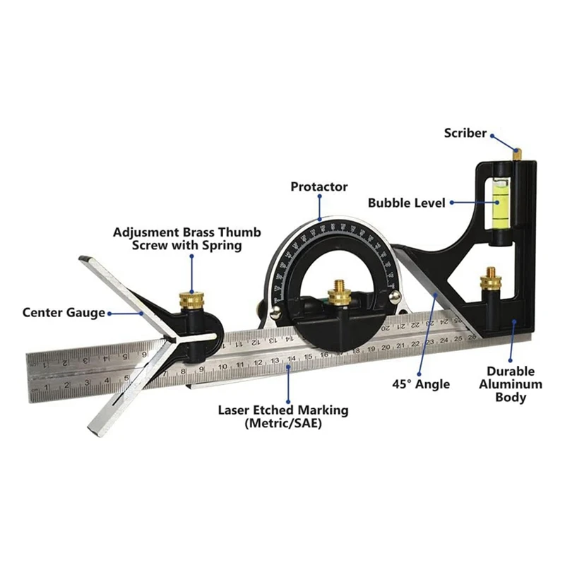 WISH Square Ruler Set Kit 300Mm (12Inch) Adjustable Engineers Combination Try None Right Angle Ruler With Spirit Level