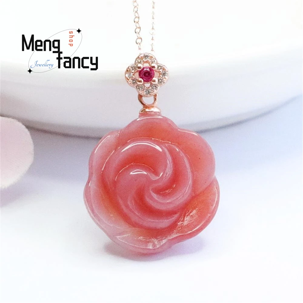 

S925 Silver With Natural Salt Source Agate Rose Flower Pendant Simple Elegant High-grade Sweet and Romantic Fashion Fine Jewelry