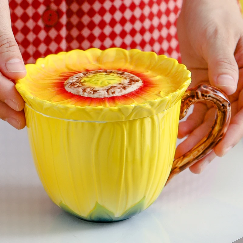 

Mug Ceramic Enamel Color Designer Handmade Sunflower Large Capacity Creative Water Cup with Lid European Style Coffee Cup new